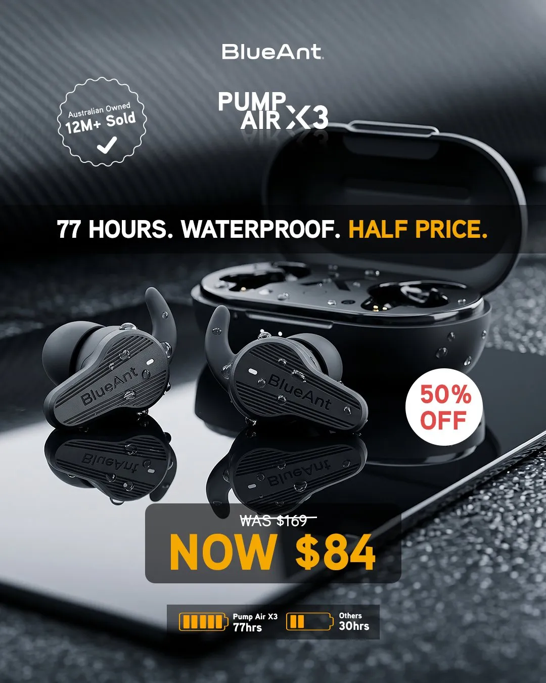 BlueAnt mid-year sale ad for Pump Air X3 earbuds