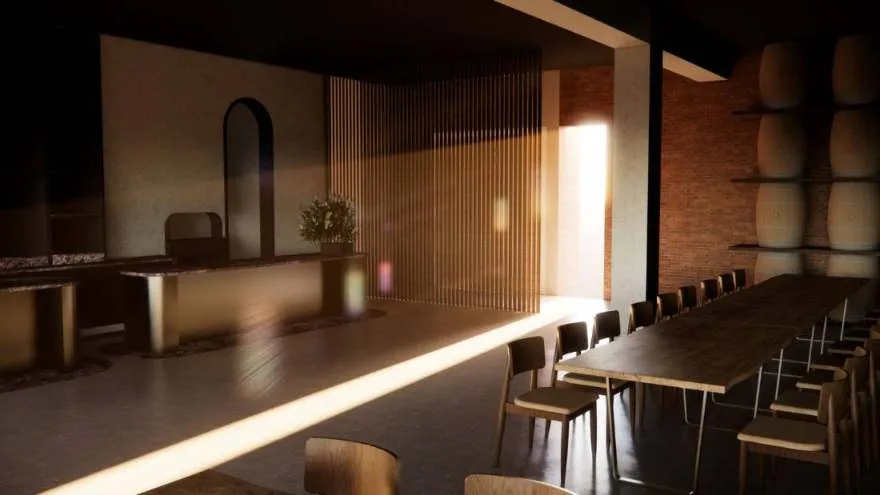 Render of long tables in late light beside a timber-battened wall