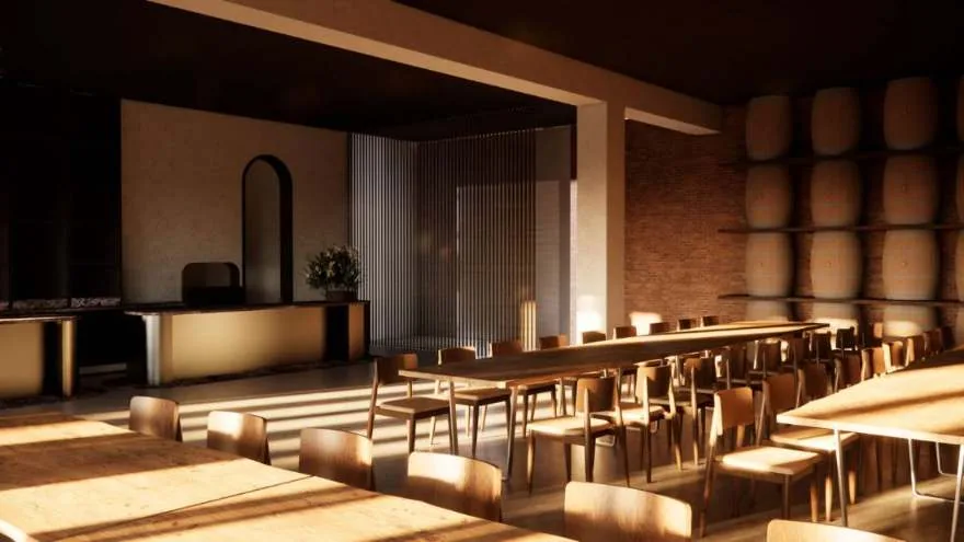 Render of the tasting room with long timber tables, barrel wall and an arched opening